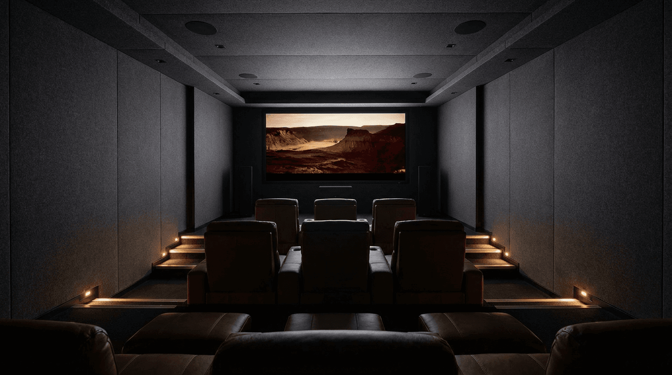 Pre-war screening room with reference-grade projection, built-in acoustic treatment finished in stained oak, recessed ceiling audio, and hidden subwoofers.