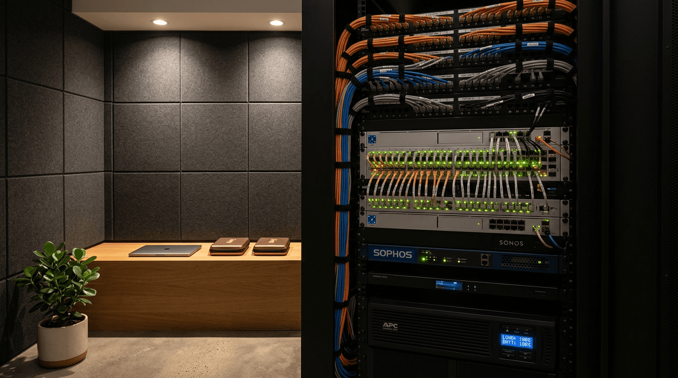 Elegant AV and network closet with a full-height equipment rack — switches, routers, UPS, patch panel with color-coded Cat6A risers, LED activity indicators glowing, all immaculately labeled.