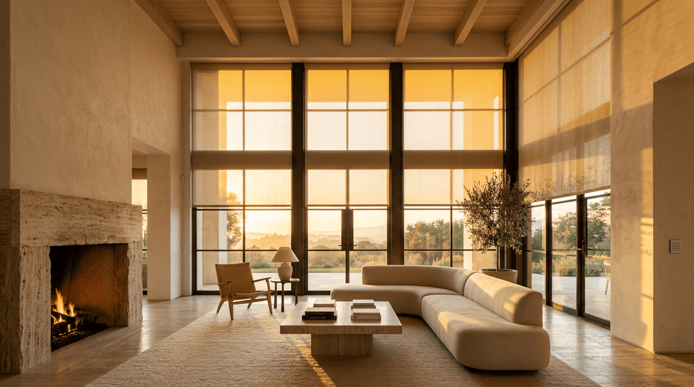 Double-height great room with floor-to-ceiling windows at golden hour, sheer linen shades partially lowered, the horizon visible beyond, natural stone fireplace to one side, sculptural furniture and no visible hardware.