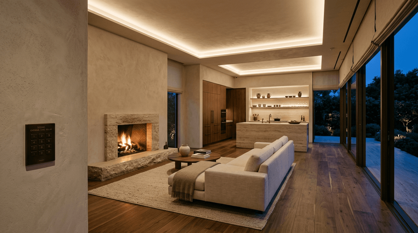 Great room at dusk with integrated cove lighting, motorized shades half-lowered over a glass wall onto Long Island Sound, a single engraved keypad visible on the console table.